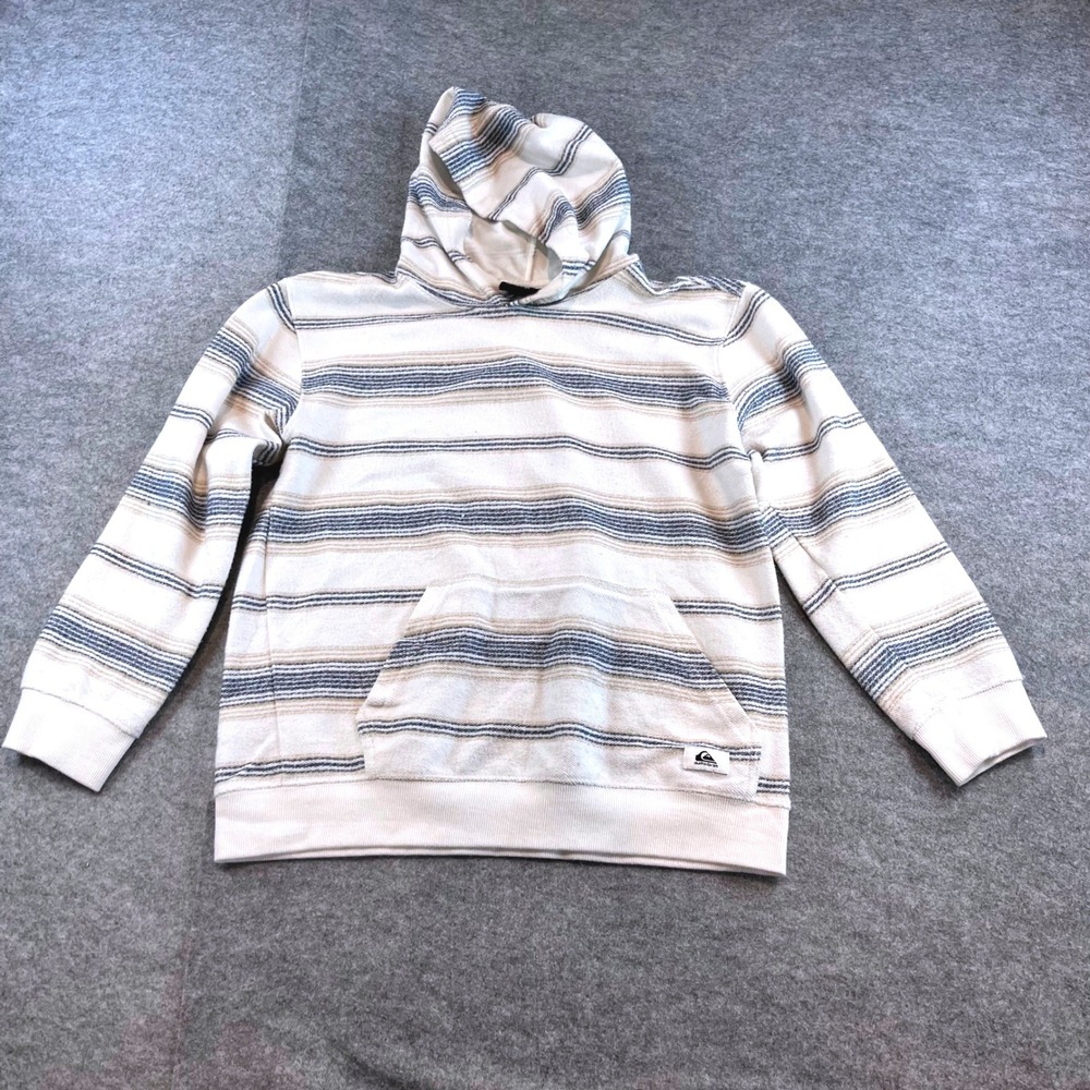 Quiksilver Boys Stripe Pullover Hoodie Cream Blue Surf Beach L 14/16 Long Sleeve